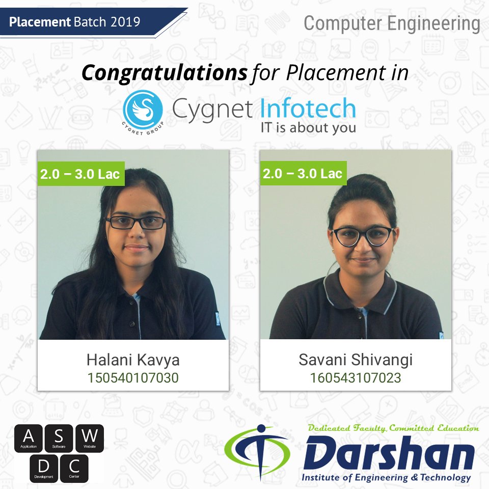 Congratulations Kavya, and Shivangi for #placement in @cygnetinfotech, #Ahmedabad

#Computer #IT #placement2019