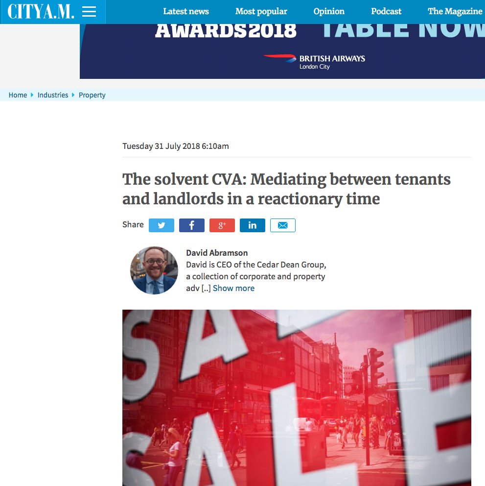 CedarDeanGroup's tweet photo. Thank you to @CityAM for featuring our piece on The Solvent CVA - check out the full article on our blog link https://t.co/Dvz1mmFNY8 #CVA #tenants #landlords #leases #cdgleisure #CDC #Cedardeangroup #Jointhejourney https://t.co/4hg2KA4Iwu