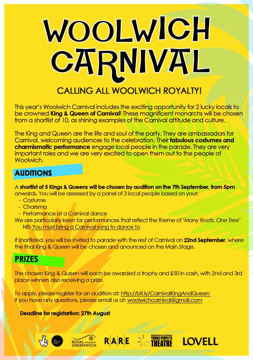 MESSAGE TO ALL MAGNIFICENT MONARCHS!!!
Woolwich Carnival is looking for its royal family, for Kings &amp; Queens to parade down Powis and sashay down Thomas st. Prizes up for grabs!

If you think you've got what it takes, sign up here:
bit.ly/CarnivalKingAn…
Deadline: 27th August