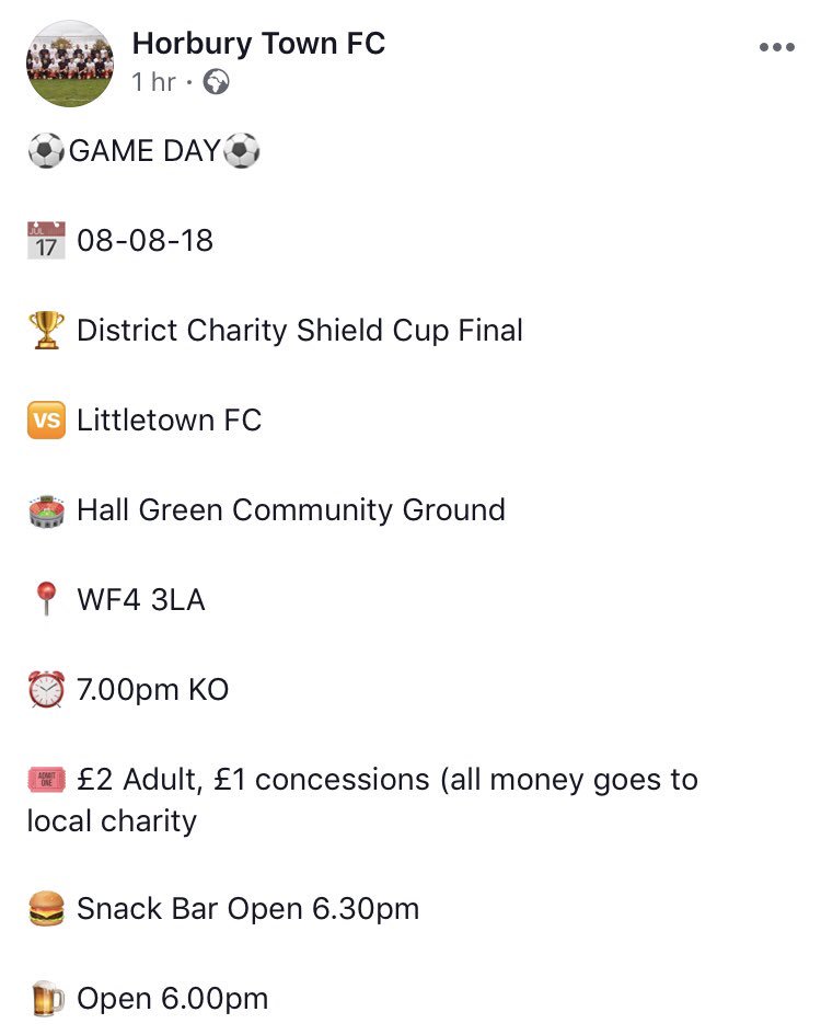 GAME DAY!⚽️

We kick off our season tonight in the Charity Shield Cup Final v <a href="/LittletownFC/">Littletown FC</a> !

Game kicks off at 7pm at <a href="/HallGreen_Utd/">Hall Green United</a> ground! 
WF43LA!

First chance for the lads to get their hands on some silverware so all support will be appreciated tonight! #utt