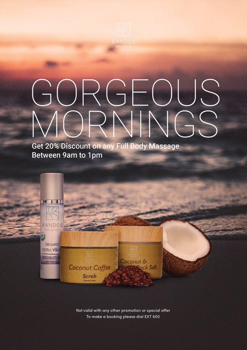 bandosmaldives's tweet image. Enhance your treatment by booking any Full Body massage and earn a 30 minute Full Body scrub as well which will leave your skin glowing and refreshed! Book at our Spa now! 

20% Discount on any Full Body massage booked between 9 am to 1 pm.

#AugustOffer
#OrchidSpa