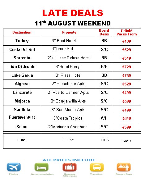 This weekend late deals 🌞✈️😎
Call us on 051-872881 for more info &amp; to book