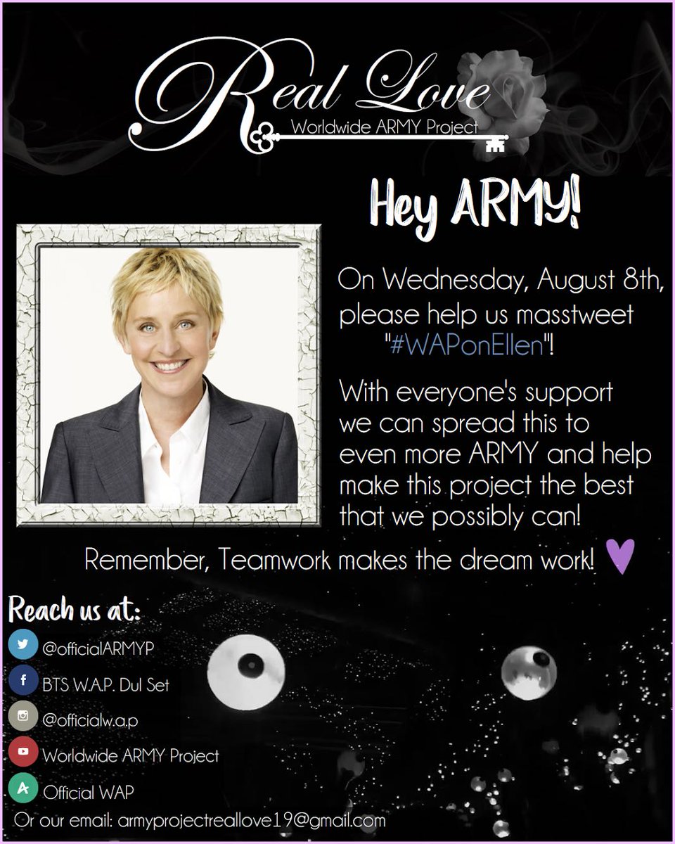 JamsBeach's tweet photo. @BTS_twt Hey, we're trying to get our project more out there and it would mean a lot to us if you could help us spread the hashtags #WAPonEllen #armyhasamission
ARMY FIGHTING! TWEET OR RETWEET! EVERY BIT COUNTS!
#worldwidearmyproject #ARMY #BTS @TheEllenShow @BTS_twt https://t.co/aatvPP42dA