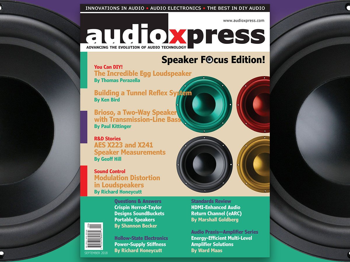 audioXP_editor's tweet photo. It's Speaker Builder Time! Get Your Copy of audioXpress September 2018 Now!
Once again, audioXpress focuses on loudspeaker building, design, and testing in its September edition. https://t.co/29qfNpdbsK @Infineon #HDMIeARC #DIYaudio @soundbuckets https://t.co/ZdLJsdSzgy