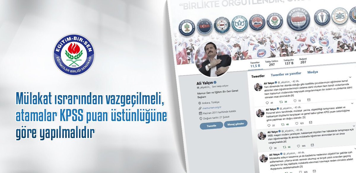 Mülakat ısrarından vazgeçilmeli, atamalar KPSS puan üstünlüğüne göre yapılmalıdır
ebs.org.tr/manset/4664/mu…