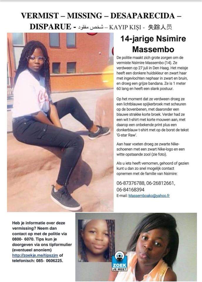 ShirreBoo's tweet photo. She's missing since 27.07.2018 and is only 14 years. Let's bring her back to her family! #nsimiremassembo #missing #vermist #findnsimire  #denhaag #thehague #Nsimire https://t.co/6dW7ZE6CPu