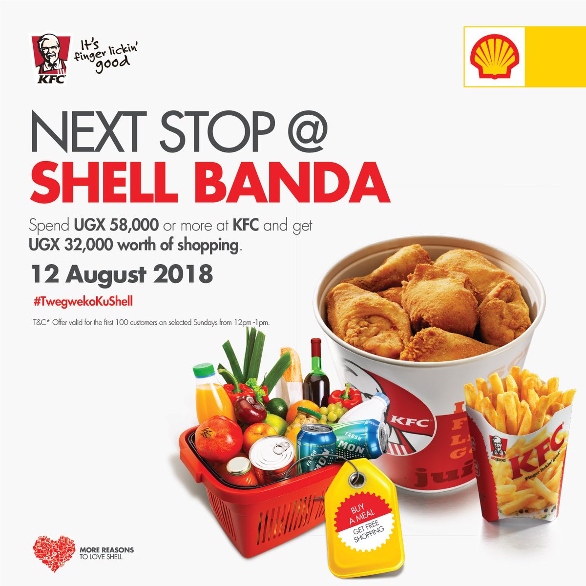 VivoEnergyUg's tweet photo. Twegweko Ku Shell Banda is this Sunday 12th August. Get an instant shopping voucher worth 32K when you spend 58K or more. Share with your friends &amp; family #TwegwekoKuShell #MoreReasonsToLoveShell https://t.co/tQQGJjjQUl
