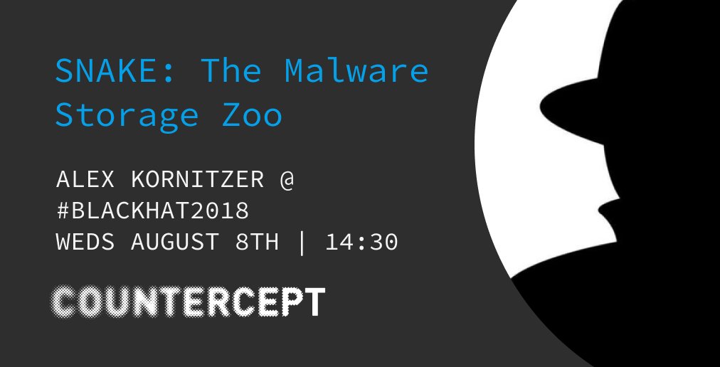 Attending #BlackHat2018 today? Learn more about Snake - the #Malware Storage Zoo - with its creator, Alex Kornitzer - blackhat.com/us-18/arsenal/… 

Weds 08/08 // 14:30-15:50 Business Hall (Oceanside) // Arsenal Station 4
#infosec #security #threathunting #reverseengineering