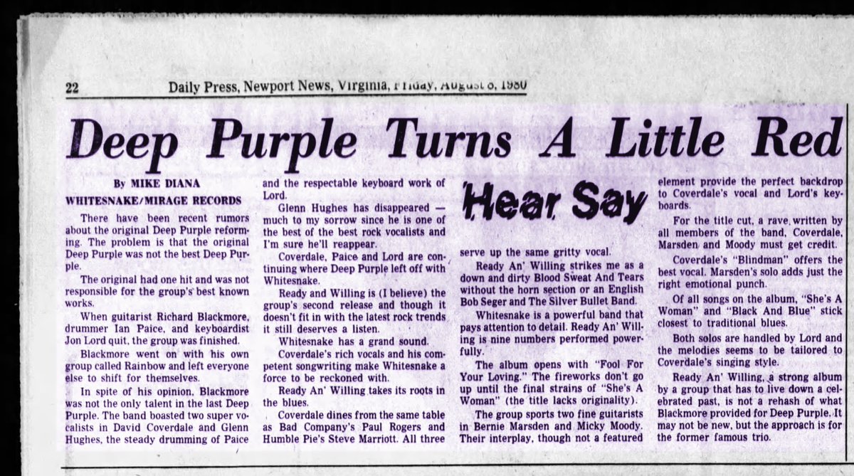 #OnThisDay #Whitesnake40 Daily Press August 8, 1980
#DeepPurple reunion rumors
#GlennHughes 'has disappeared'
#Whitesnake 'has a grand sound'
'...two fine guitarists in #MickyMoody & #BernieMarsden'
#ReadyAndWilling