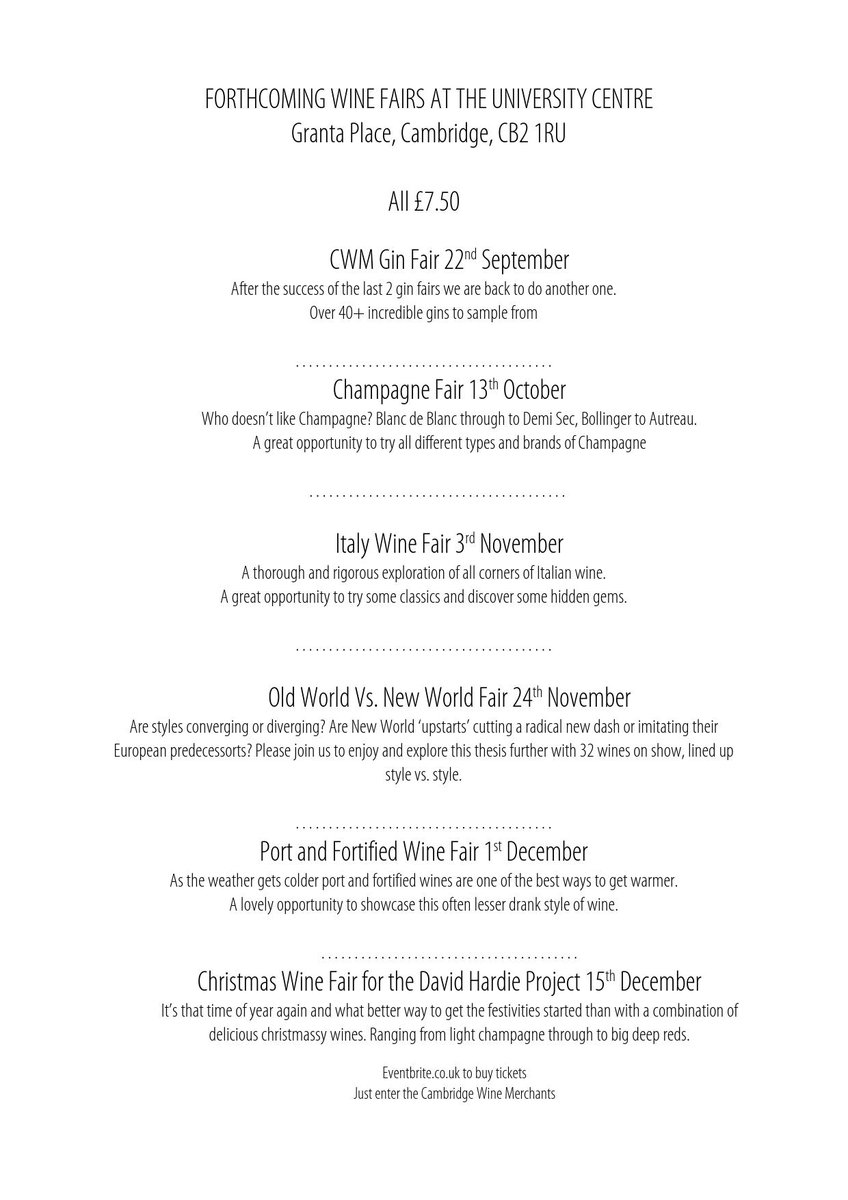 We have a load of Wine and Spirit Fairs coming up this year. Pop to eventbrite.com and search Cambridge Wine Merchants for tickets and more details.