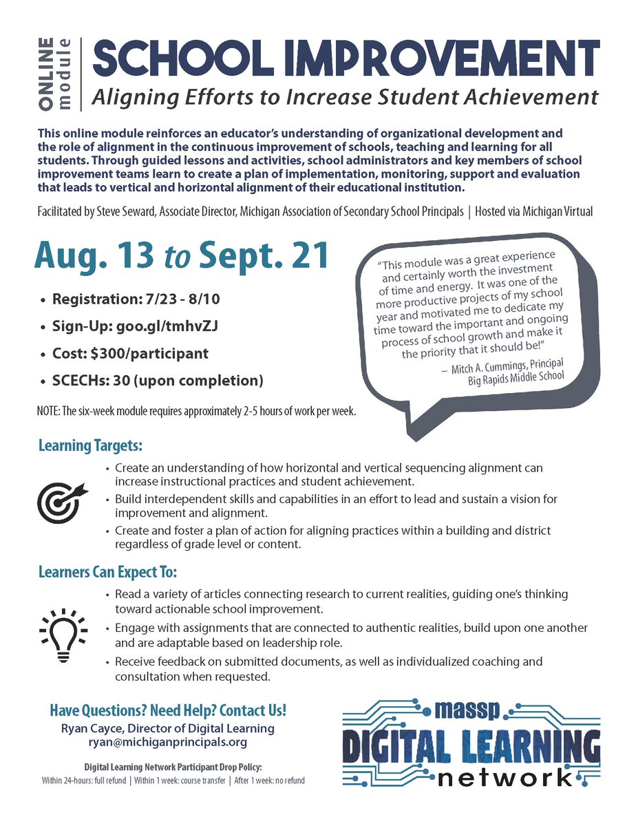 rcayce's tweet image. There ares a few seats left to register for the @massp online School Improvement course, facilitated by @sewardstephen.  The course starts on 8/13 and runs for 6 weeks. Click here to register: plp.mivu.org/Registration.a… #DigitalLearningNetwork #DLN