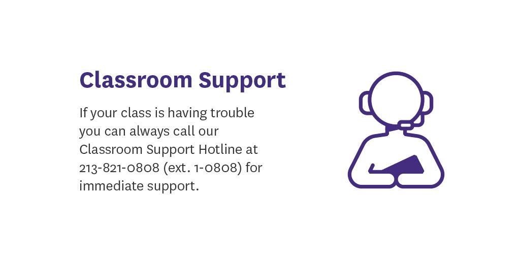 ASCJTechOps's tweet image. If your class is having trouble you can always call our Classroom Support Hotline at 213-821-0808 (ext. 1-0808) for immediate support. #ASCJ
