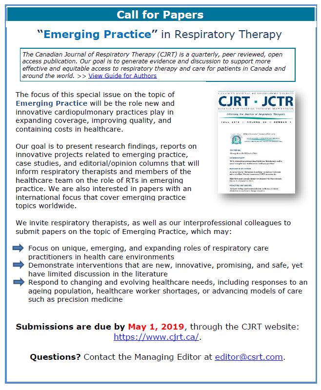 CSRT_tweets's tweet photo. Call for papers: The #CJRT invites RTs and their interprofessional colleagues to submit articles for an upcoming special issue on emerging practice. For more information, visit https://t.co/d5Kb0xykzi. #LungNerd #CSRT #WeTheBreath #respiratorytherapy #emergingpractice @CJRTeditor https://t.co/wd7TdCePt8