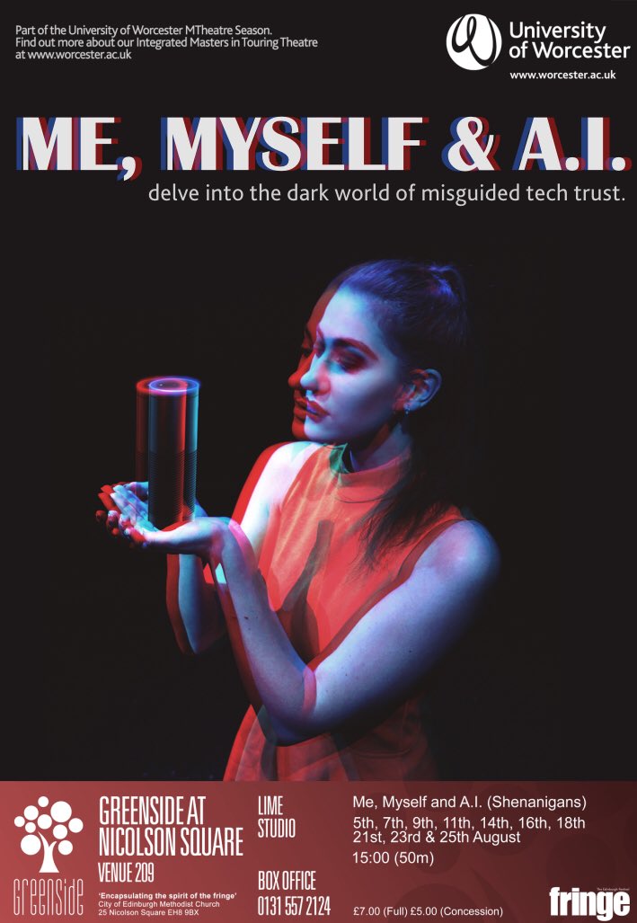 ShenanigansTC's tweet photo. @FringeReview ME, MYSELF &amp; A.I. - couple of meddling A.I.’s become a bit more human than they’re supposed to, a Motown soundtrack and hilarious jokes included. @GreensideVenue Lime studio at 3pm Thursday! https://t.co/2hgJrjBz02