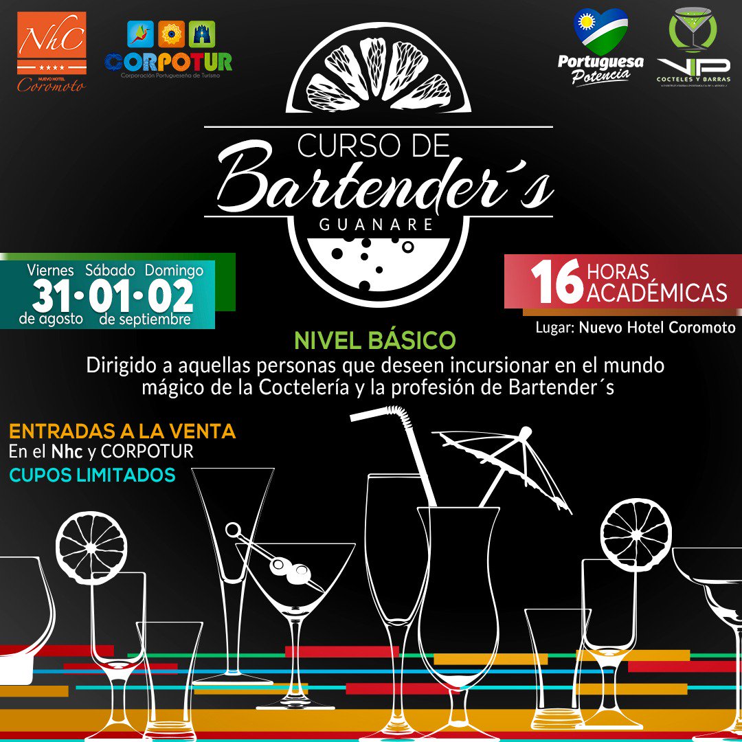 NHCguanare's tweet photo. ¿Quieres aprender las técnicas básicas del Bartender? ésta es tu oportunidad CUPOS LIMITADOS, aprovecha y adquiere tu entrada. Reserva ya. https://t.co/aMiPt96Ivj