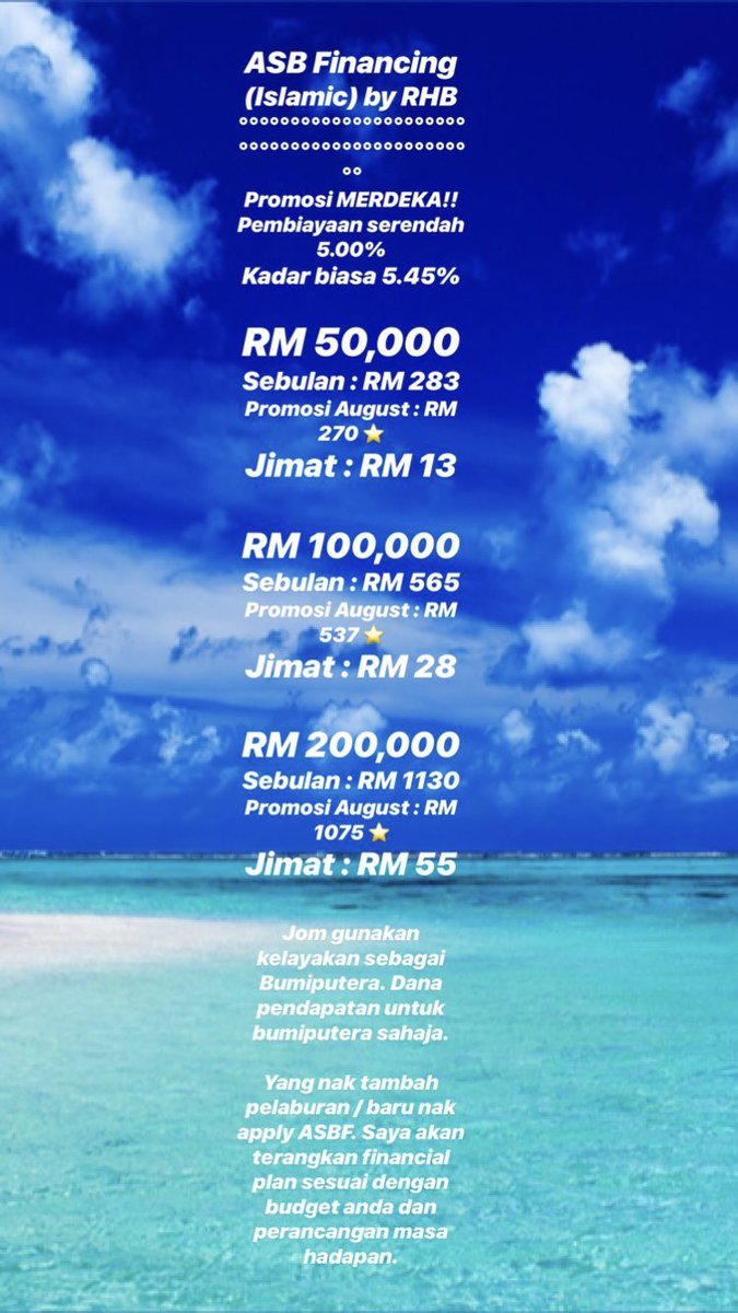 Dayahuq's tweet photo. PROMOSI BULAN KEMERDEKAAN‼️‼️
Have you heard about ASB Financing? Now RHB Asset Management are having an awesome promotion this August 😊 https://t.co/DGrAmbGRIR