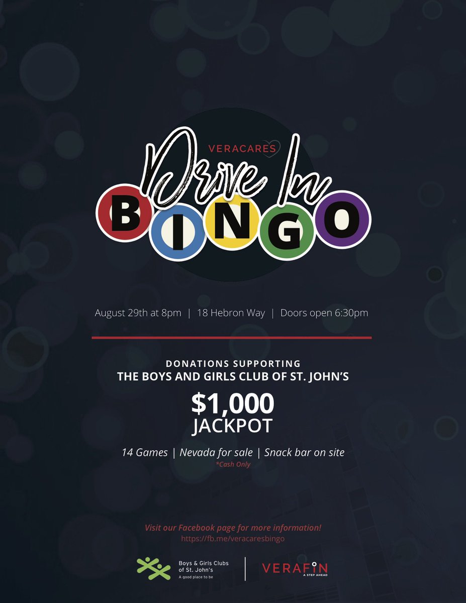 VeraCares is hosting drive in bingo on Aug 29 in support of The Boys and Girls Club of St. John's. Check out the event for more details.