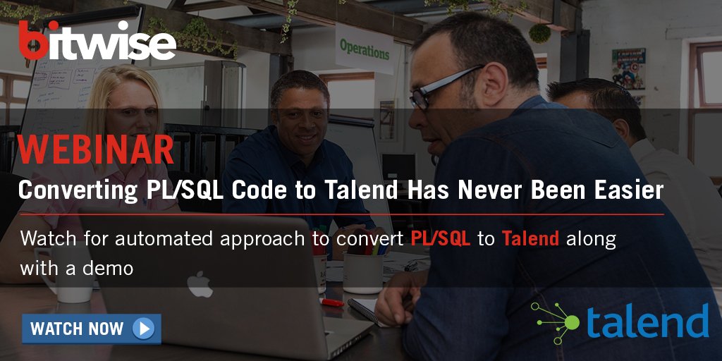 Bitwise_Updates's tweet photo. Watch our recorded webinar to see how easy it can be to modernize PL/SQL Code with automated conversion to #Talend! https://t.co/2cDfVOlwQX #ETLConversion https://t.co/eK5smvRy9T