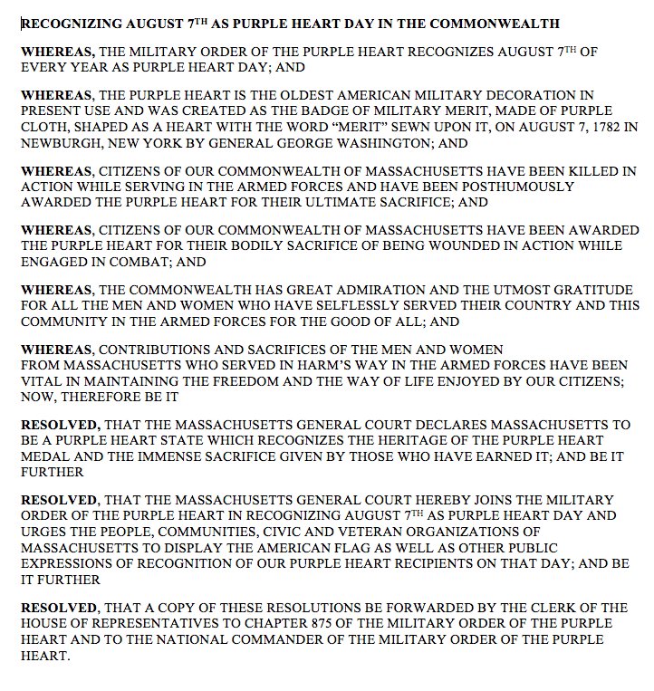 Proud to sign onto this resolution to recognize #PurpleHeartDay yesterday on August 7th, which commemorates the day in 1782 when General George Washington created the Purple Heart Medal. Thank you to our men and women who have made the ultimate sacrifice.