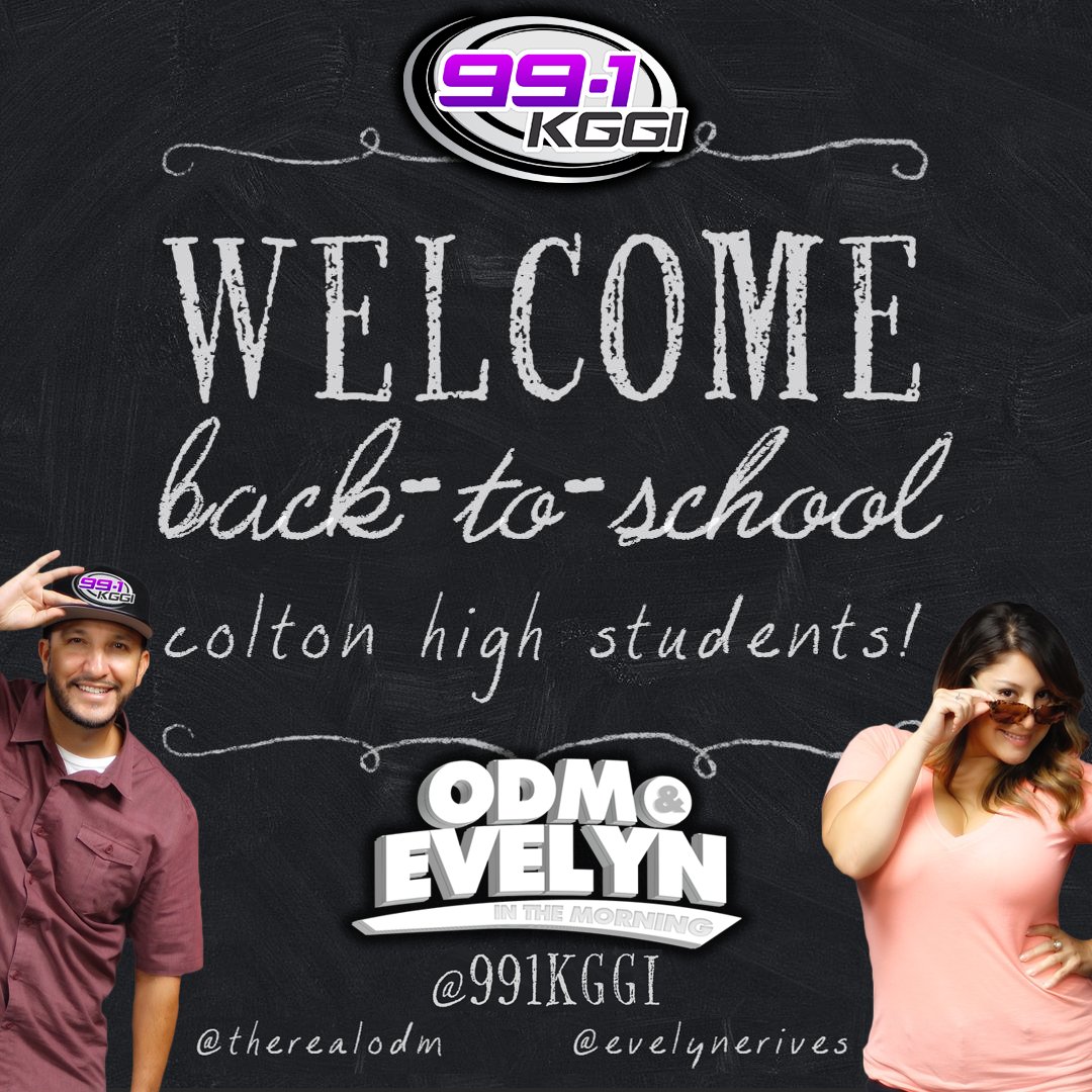 991KGGI's tweet photo. YO! Welcome back to school Colton High School students!!! Tune-in to @991kggi when you get out to win tix to the HOTTEST CONCERTS! ๐ฅ๐ถ More tix with @ODM & @EVELYN tomorrow morning from 5a-10a! @CHSJackets_ #coltonhigh #coltonhs #yellowjackets https://t.co/E9feNJcQzE