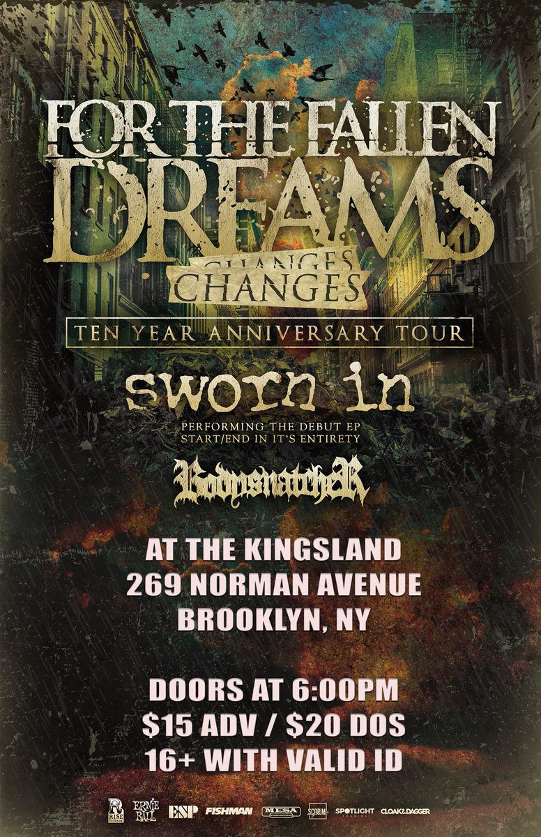 Saturday don't miss <a href="/FTFDband/">For The Fallen Dreams</a>  w/ <a href="/swornin/">sworn in</a>, <a href="/bodysnatcherfl/">Bodysnatcher</a>, and more coming to The Kingsland in Brooklyn. Grab your tickets: ticketfly.com/purchase/event…