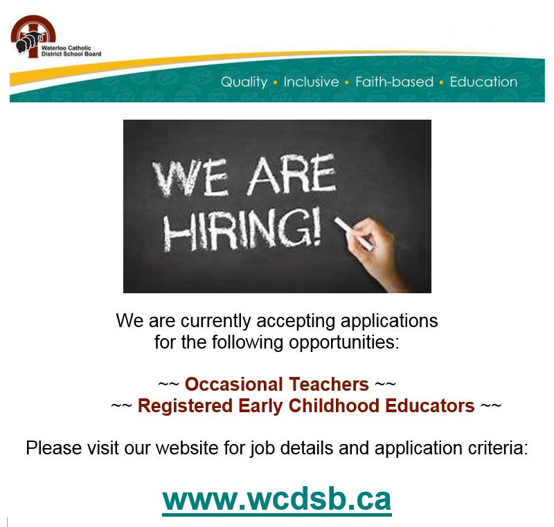 WaterlooCDSB's tweet photo. Hey all you Occasional Teachers and RECEs -- our #WCDSBAwesome team is waiting for you...! #HeartOfTheCommunity #PeopleOfFaith https://t.co/5Lqi6VgqdA