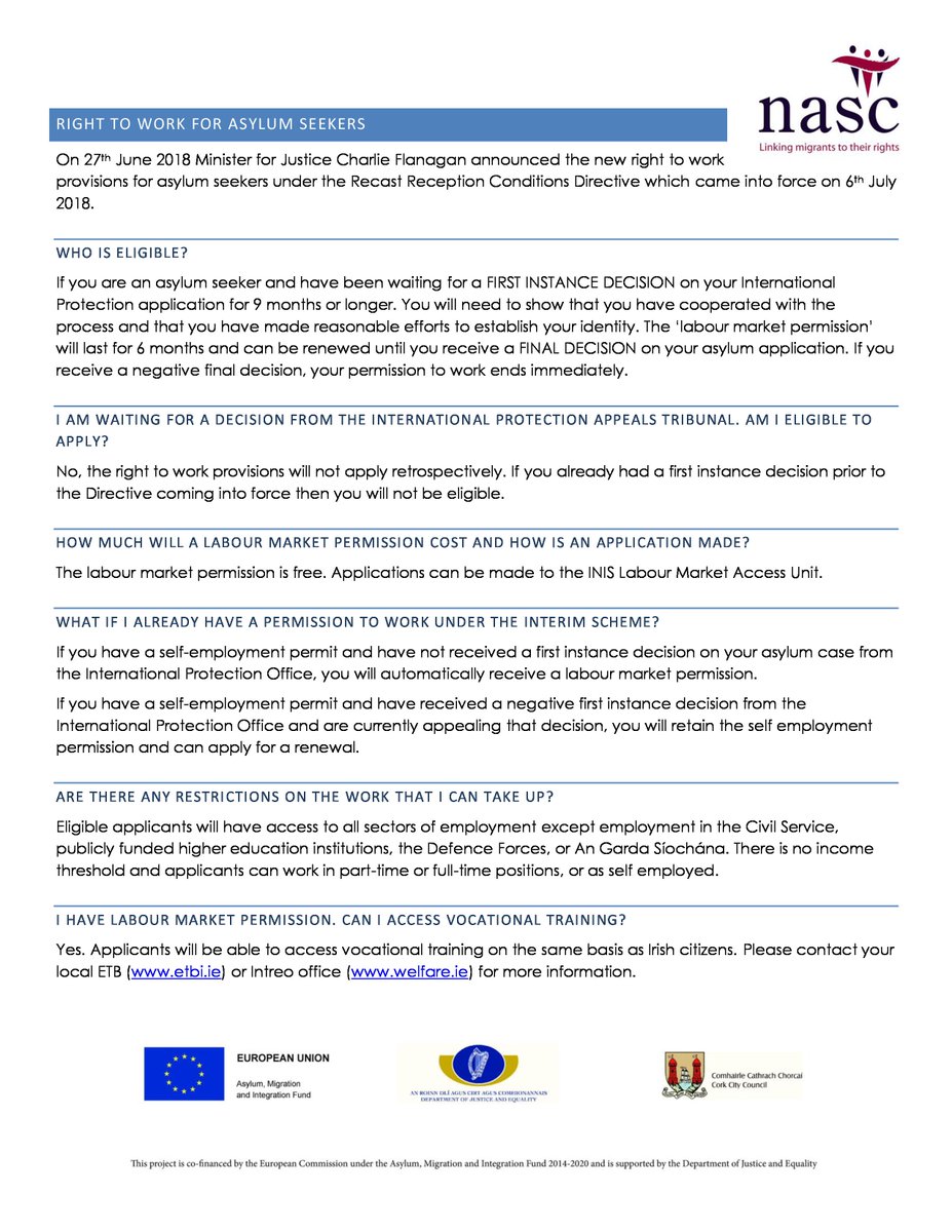 NascIreland's tweet photo. Nasc have issued an info leaflet for asylum seekers with details about eligibility &amp; how to apply for labour market access permission. We will be conducting outreach on the #right2work in the 5 Cork DP centres over the next few weeks https://t.co/toMollCkeZ https://t.co/i6BzN8URmu