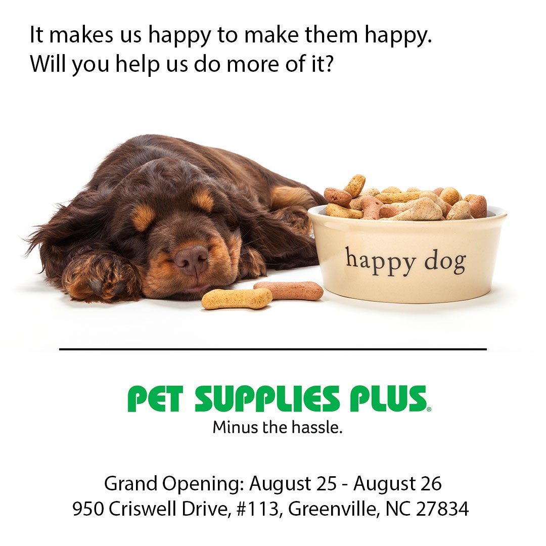 HSEC's tweet image. Treat your pets, and ours, today! Stop by the Pet Supplies Plus Grand Opening at 950 Criswell Drive, #113, Greenville, NC 27834. Learn about our organization and how you can help our furry friends. The group with the most votes will receive a $1,000 gift card donation! #HSEC