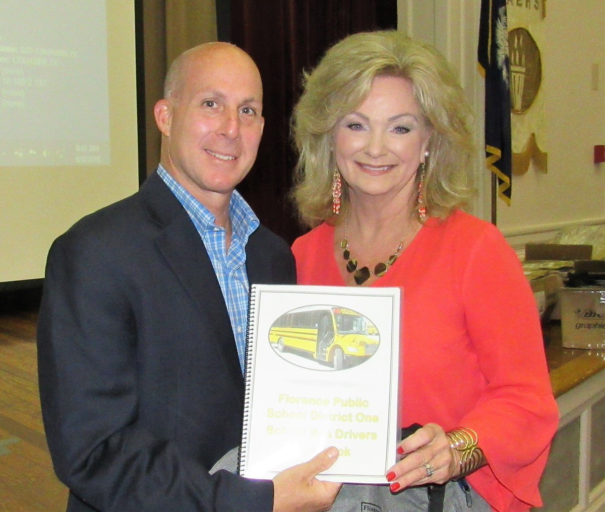 FPSD1's tweet photo. Transportation Coordinator Cindy Ward (right) presented FSuperintendent Dr. Richard O'Malley (left) with the Bus Driver Handbook after he greeted bus drivers this morning. Dr. O'Malley encouraged bus drivers, and made a commitment to ride a school bus one day this year. https://t.co/3J0DygNFUW