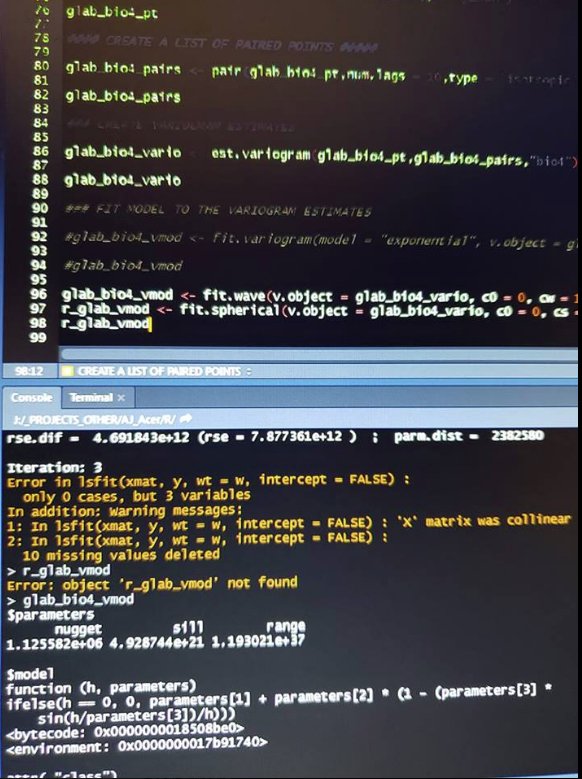 Seiurus's tweet image. #R #RStats #spatialstatistics: Hey R-enabled Twitterati, I&apos;ve got a colleague working on semivariograms in R and getting an error message she doesn&apos;t know how to fix. Any advice to be had from the hive mind? Thanks in advance!