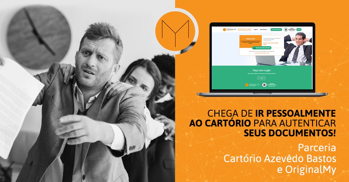 OriginalMyCom's tweet image. Chega de ir fisicamente ao cartório para autenticar seus documentos! O Cartório Azevêdo Bastos em parceria com a OriginalMy facilita sua vida. Você envia seus documentos, paga e recebe o arquivo autenticado e válido em todo território nacional. Saiba mais: hubs.ly/H0djMdG0