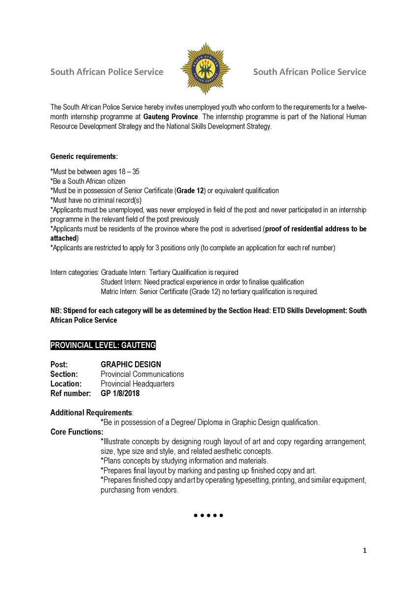 GautengProvince's tweet photo. The @SAPoliceService in Gauteng is inviting graduates to apply for #Internships across various fields. Please check pictures for more information #JobSeekersWednesday https://t.co/ilJ6eidu7G