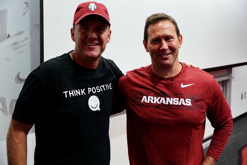 Started our day off right with a visit from <a href="/JonGordon11/">Jon Gordon</a> talking about the power of positivity &amp; commitment!  Time to put the pads on &amp; get 1% better <a href="/RazorbackFB/">Arkansas Razorback Football</a>!