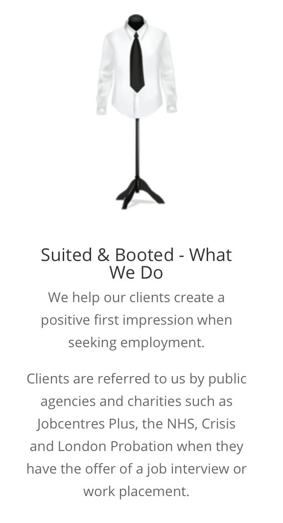 FThomasLondon's tweet photo. Got a wardrobe full of old suits & ties? @SuitedBootedC a London-based charity provides vulnerable, unemployed & low-income men with a suit, shirt & tie to wear to job interviews. https://t.co/J2zO4r2fDm #Charity #HelpChangeALife 👔 https://t.co/Y2PdH4AyyG