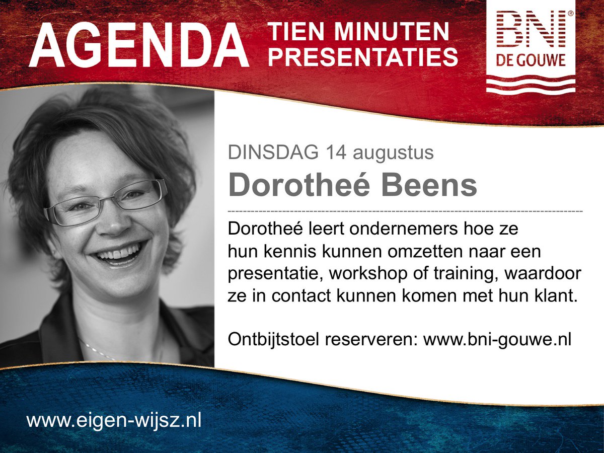 ‘Deel je kennis, creëer meerwaarde’ daarover spreekt @DorotheeBeens 14 augustus. Speciaal voor ondernemers die willen groeien. Ken je ondernemers die daar meer over willen weten en haar @bni_degouwe   netwerk willen ontmoeten? Aanmelden via Dorotheé of bni.gouwe.nl