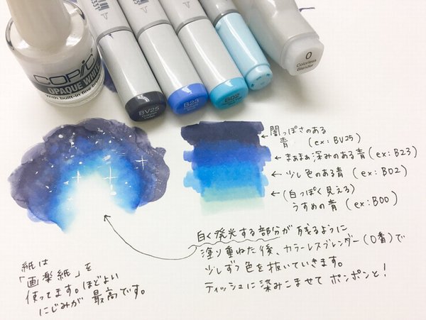 幻想的 宇宙の塗り方教えます コピック公式が解説 色の青を使用し 濃い青から薄い青へと重ねてグラデーションを表現 色はすぐに重ねたほうがにじみが綺麗に出るという ライブドアニュース Scoopnest
