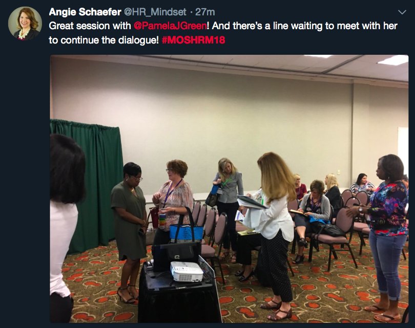 MVPPresenters's tweet photo. @PamelaJGreen just wrapped up her representation at #MOSHRM18 and by the looks of that long line of #HR professionals waiting to speak to her, we believe it's fair to say, she nailed it.

She is available for 2019! 
#Speaker #Presentation https://t.co/8eYBSrCGH9