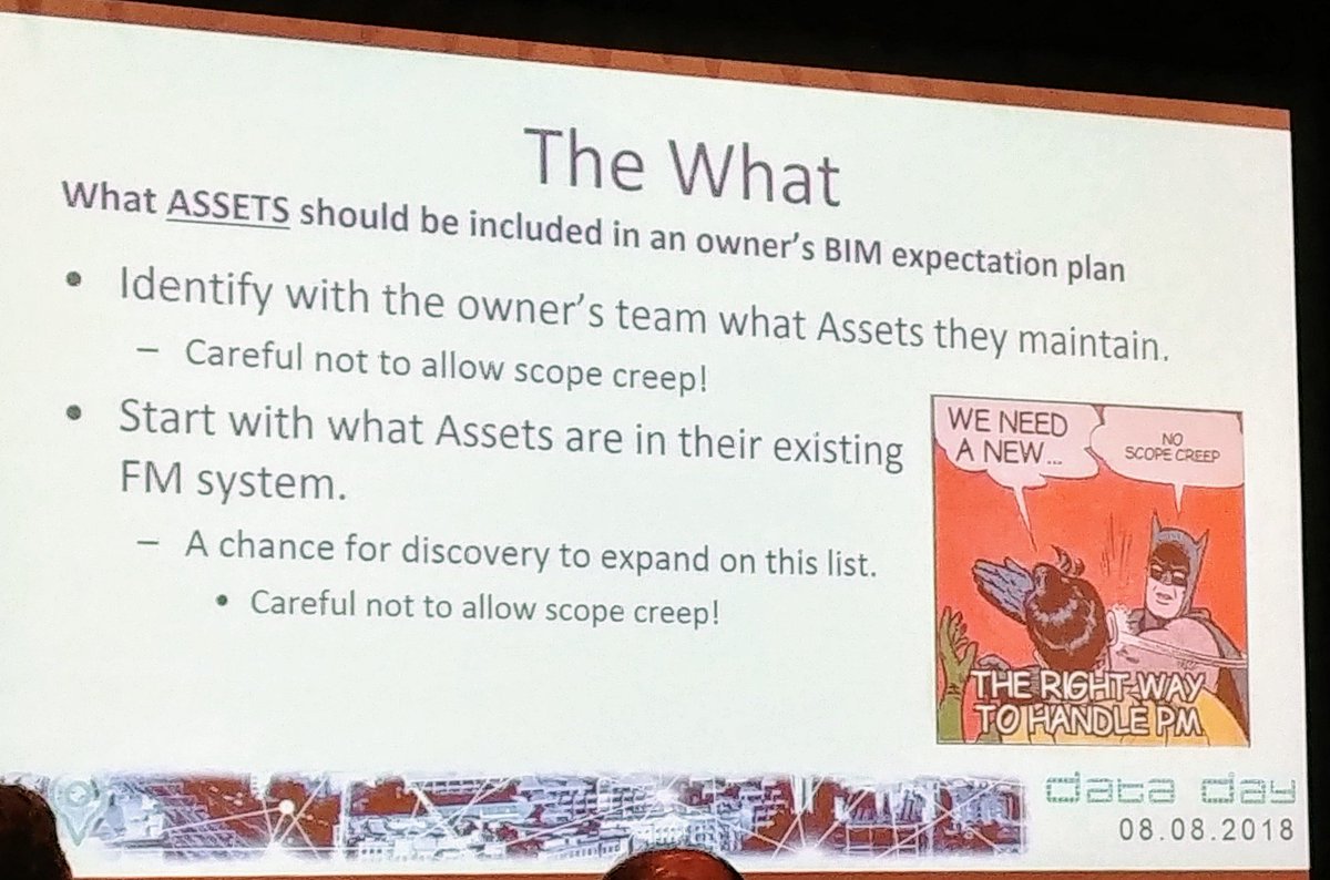theBIMsider's tweet photo. Wise words from AJ Brickwell here at #AECODataDay about Scope Creep... Just don't @AECODataDay @BILTevent #BILTNA #SayNoToScopeCreep https://t.co/JT8EMrEnuM