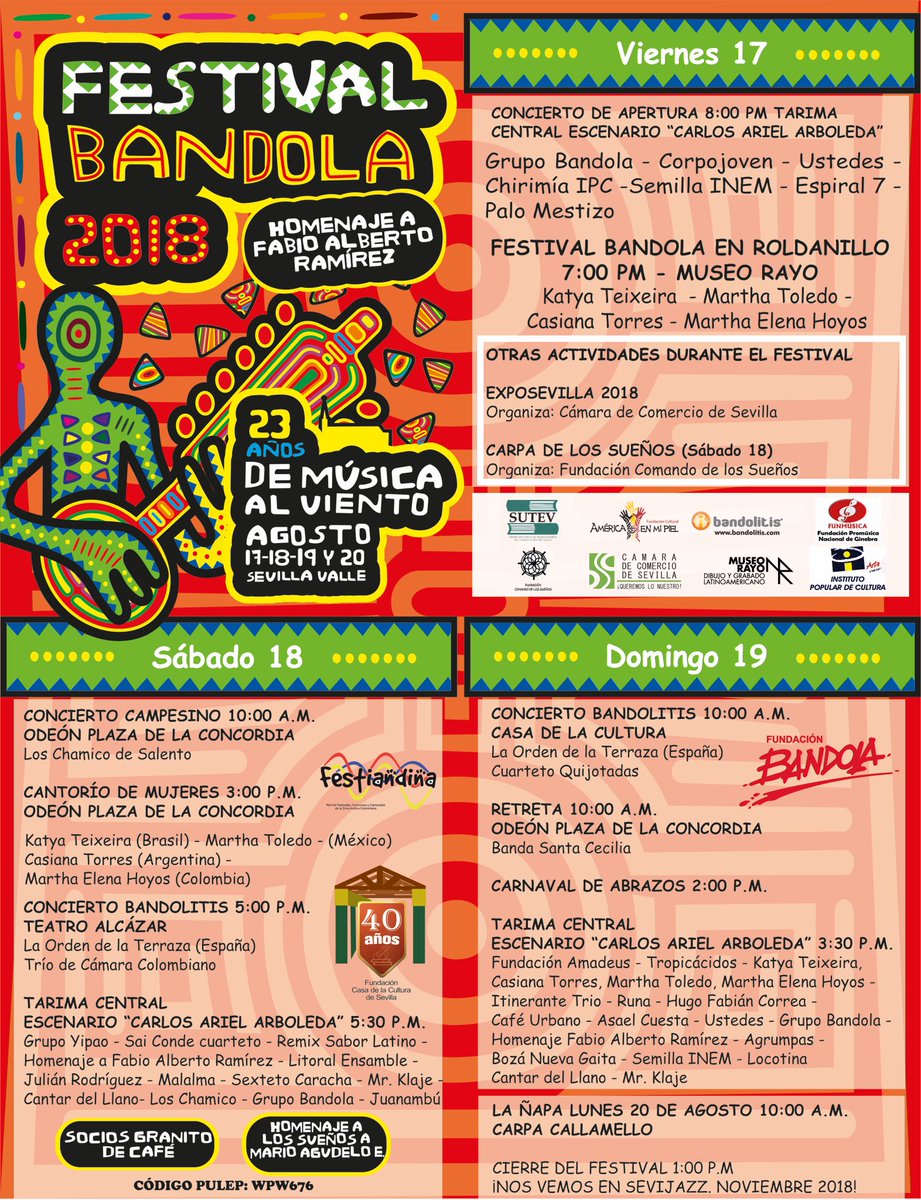 Programación Oficial #FestivalBandola2018
Conéctense con nuestras redes y no se pierdan ningún evento. ¡En Sevilla Valle los esperamos! #EstoyQueMeBandola #AlBandolaVamosTodos #programación #Festival