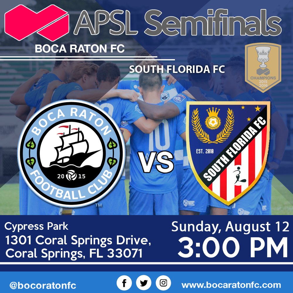 BocaRatonFC's tweet photo. Did you miss us #BocaNation? Our @apslofficial semifinals match is THIS SUNDAY at Cypress Park in Coral Springs. Come out and support your boys in blue! #brfc #bocaratonfc #letsgoboca #apsl https://t.co/yyTcVvqSyR