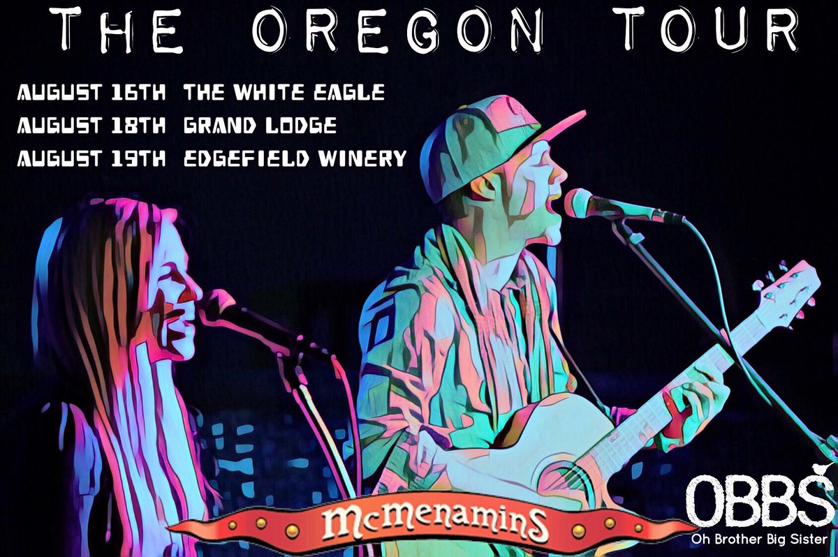 O_B_B_S's tweet photo. We’re heading to Oregon for some shows! 
8/16 #whiteeagle 
8/18 #mcmenamins 
8/19 @EdgefieldWinery 
If you know people In the Portland area please tag them so we can share our music with them while on the west coast! 
#theoregontrail #oregontour #obbs #brothersisterduo https://t.co/LtZXncR4OK