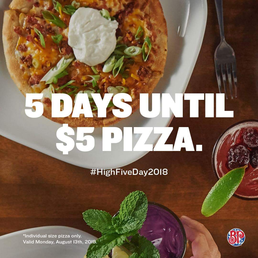 BPsSummit's tweet photo. Mark your calendars! Monday, August 13th 👉 $5 individual pizzas to show our appreciation for YOU. Dine-in only. 

#HighFiveDay2018 https://t.co/wvXAN3wSVh