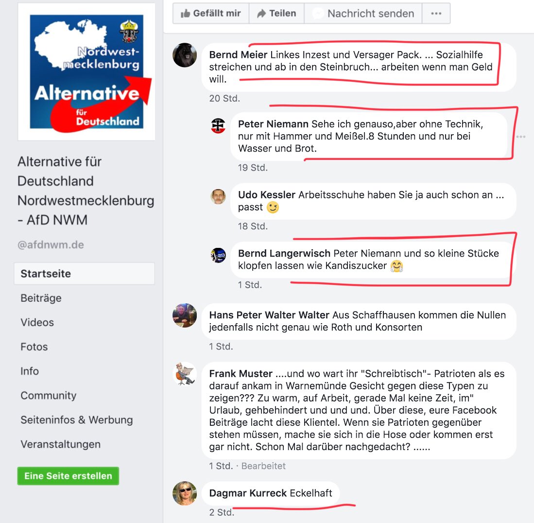 DerNorb's tweet photo. Sollte die #AfD jemals an die Macht kommen, kommt man als #Punker ins #Arbeitslager, soviel ist sicher.
Die widerlichen Kommentare der #Nazis nach der Demo in #Rostock #Warnemünde sprechen Bände...🤮
Verantwortlich: #Litke, #Teschner Rostock und #Grimm #Nordwestmecklenburg https://t.co/J0jDSkgs2Y