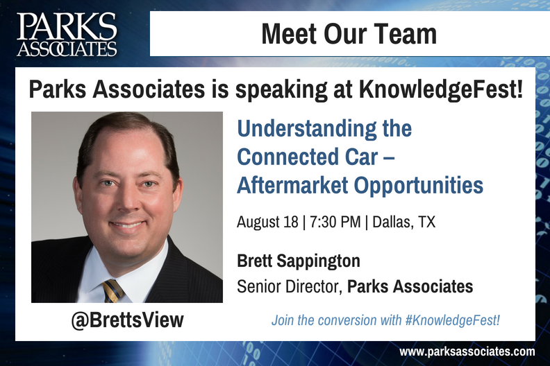Register today! <a href="/ParksAssociates/">Parks Associates</a> <a href="/BrettsView/">Brett Sappington</a> will be presenting one of the keynotes at <a href="/Knowledgefest/">Mobile Electronics</a> on Aug 18 in Dallas, discussing the #connectedcar &amp; aftermarket opportunities: bit.ly/2K9Y1nX #smartcar #IoT