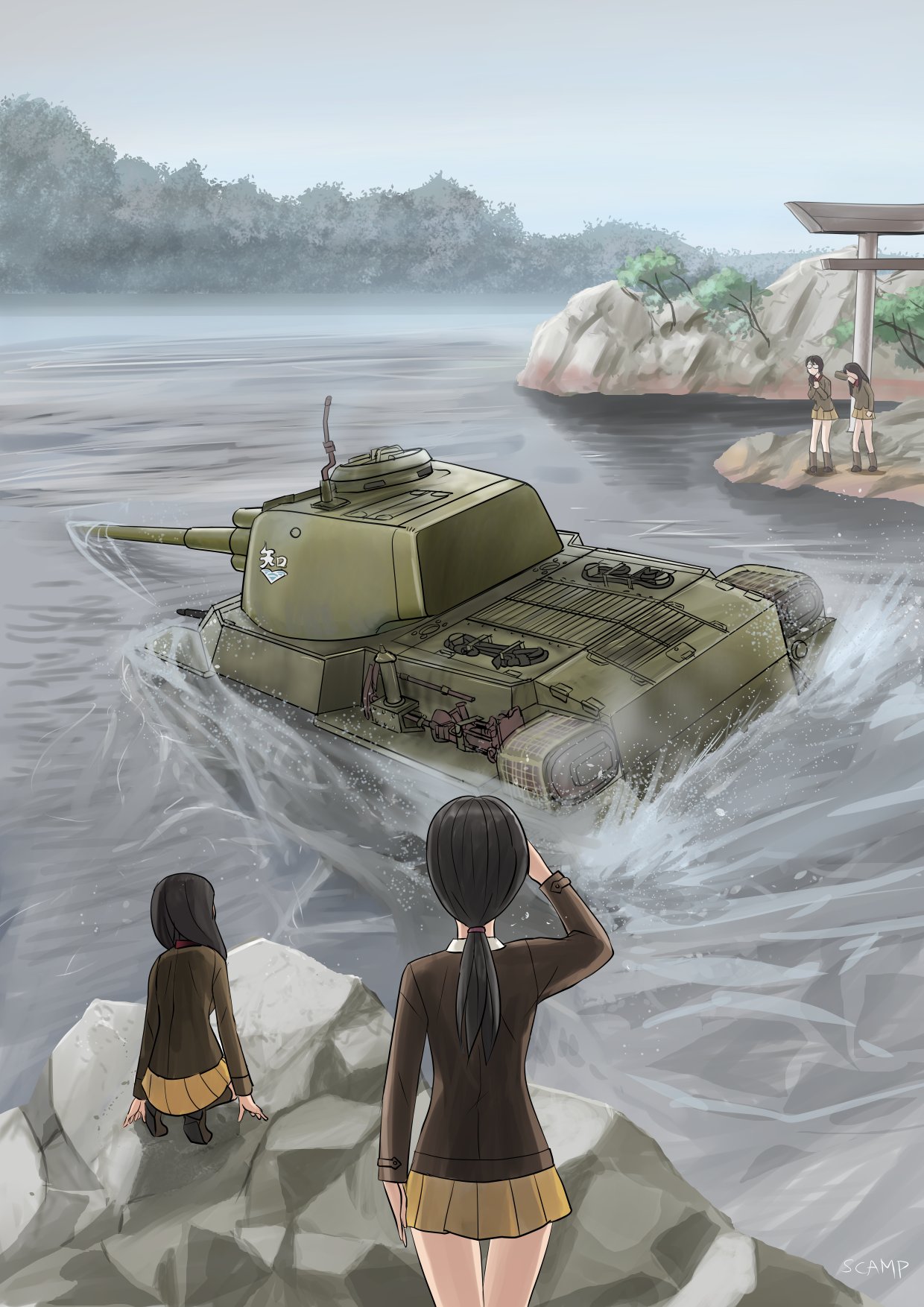 Scamp F16 On Twitter お題箱で頂いたお題のイラストを描きました 四式中戦車チトを湖 に沈める知波単学園の西隊長の前の先輩達 終戦時 浜名湖北の猪鼻湖の瀬戸に 命を受けた大平技術少尉が四式中戦車チトを沈めた史実が元になっています 何回か探索が行われ