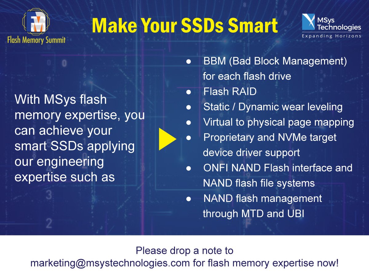 Gear up for #flashmemorysummit 2018. We are here to build your smard #SSD
msystechnologies.com/resources/news…
<a href="/flashmem/">FMS: the Future of Memory and Storage</a> #FMS2018 #flashmemory #flashmem #NVMe #NVMeoF #SSD #allflash #PCIe #cloud #cloudstorage #virtualization #bigdata #iot