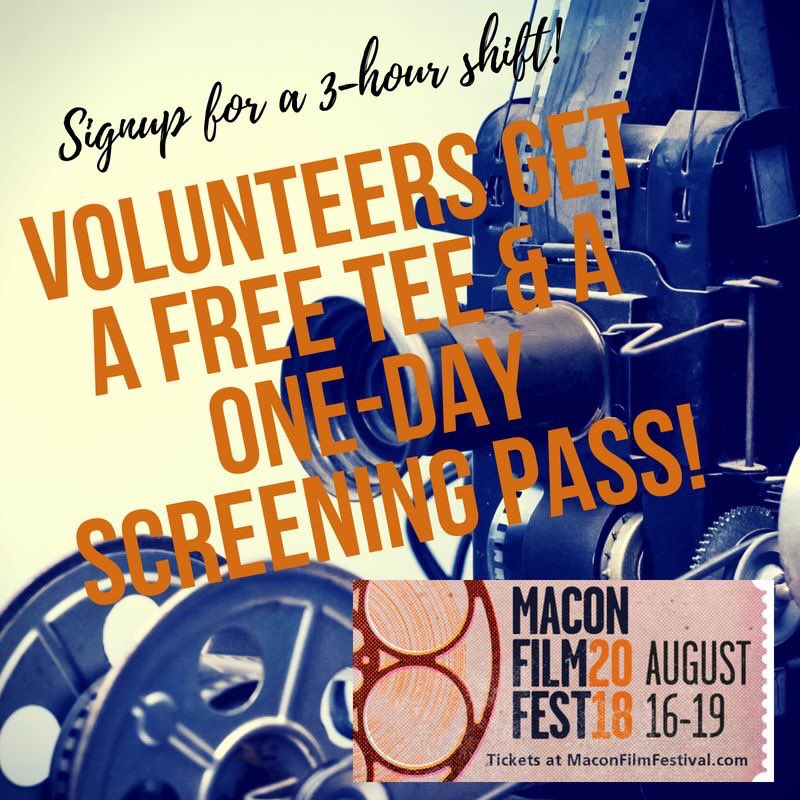 2018 Macon Film Festival volunteers receive an official festival volunteer t-shirt and a one-day pass for 2018 festival.  Signup up for a shift using this link. signup.com/go/hycprMV