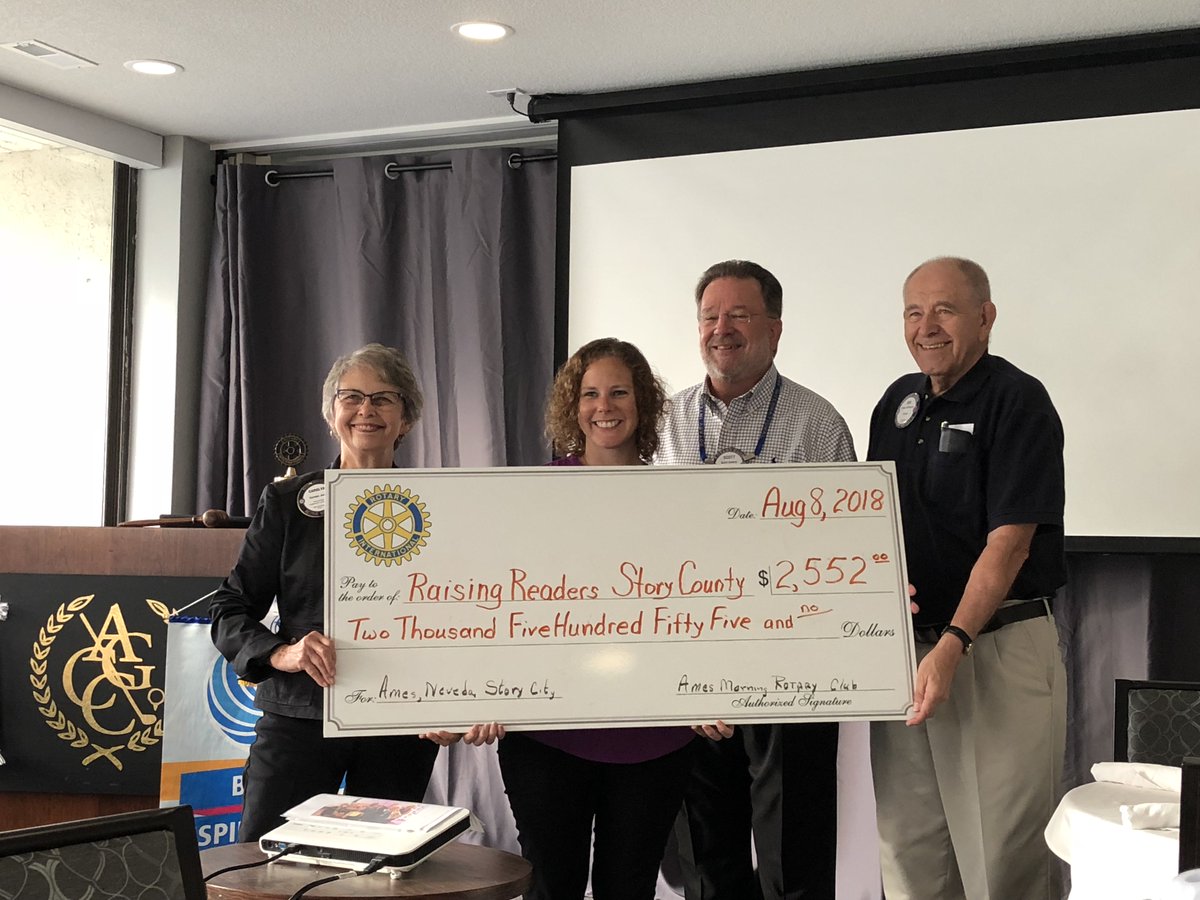 RaiseRead_SC's tweet image. Thank you Ames Morning Rotary for supporting the 2019 Step Into Storybooks events in Ames and Nevada! This donation will purchase all of the books for both events. Ames Morning Rotary is also supporting RRSC programs in Story City  and Nevada through Kids Run for Kids!