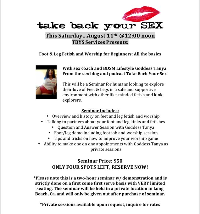 Good morning everyone! I have four spots left for this fun kinky foot seminar, message me for more details<a href="/tag/mvsales"class="tags"><span>#mvsales</span></a><a href="/tag/vipfanclub"class="tags"><span>#vipfanclub</span></a>