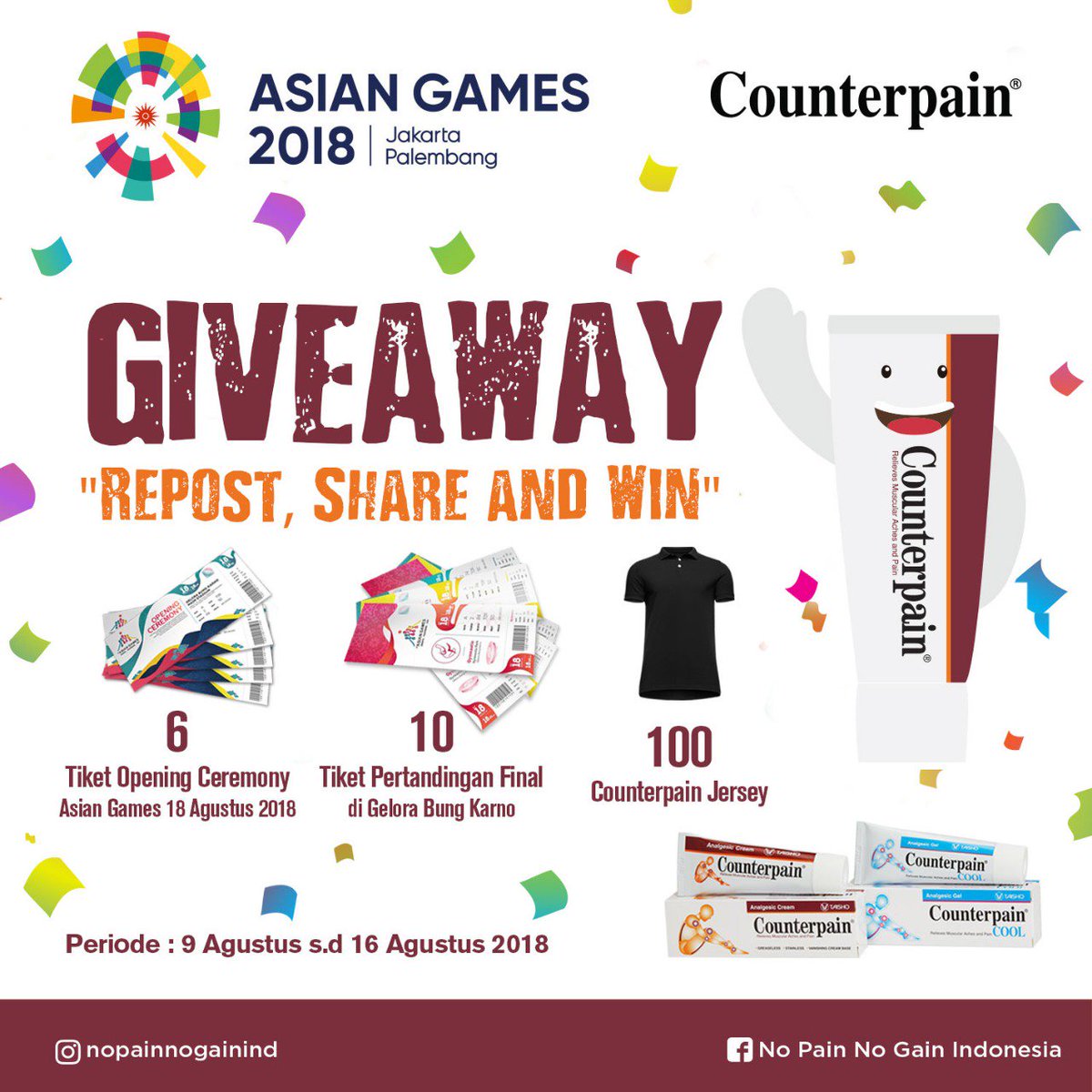 Dapatkan free 6 tiket grand opening asian games dan 10 tiket pertandingan final  asian games dan hadiah lain nya dari counterpain. Langsung ke fanspage no pain no gain Indonesia m.facebook.com/story.php?stor…